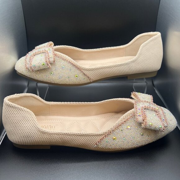 Zhiliunian Women Beaded Flats Square Toe Rhinestone Beige Shoes Size 8.5 - Picture 2 of 8